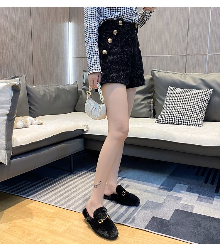 Damen Plüsch Flache Hausschuhe Winter Home Outdoor Schuhe Metall dekoratives Design Casual und Büro Pantoletten Große Größe 41-44_voghion.com