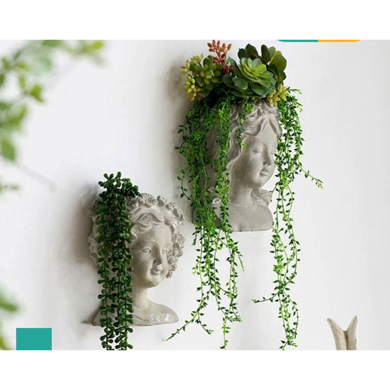 Human Head Girl Pot Home Living Room Ornament Artistic Cement Statue Portrait Flower Vessel Garden Plant Decoration_voghion.com