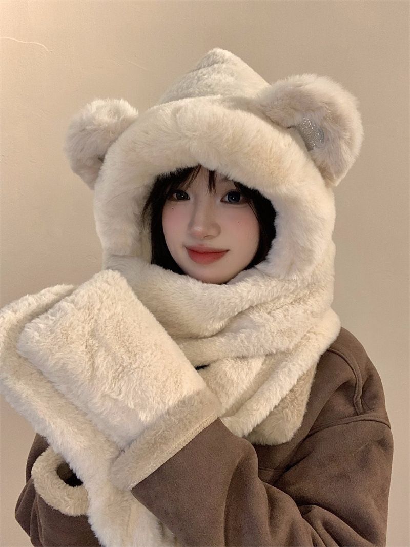 Set di cappello invernale soffice, sciarpa, guanti, berretto morbido in maglia con paraorecchie e accessori floreali staccabili, calda fodera in pile, coulisse regolabile_voghion.com