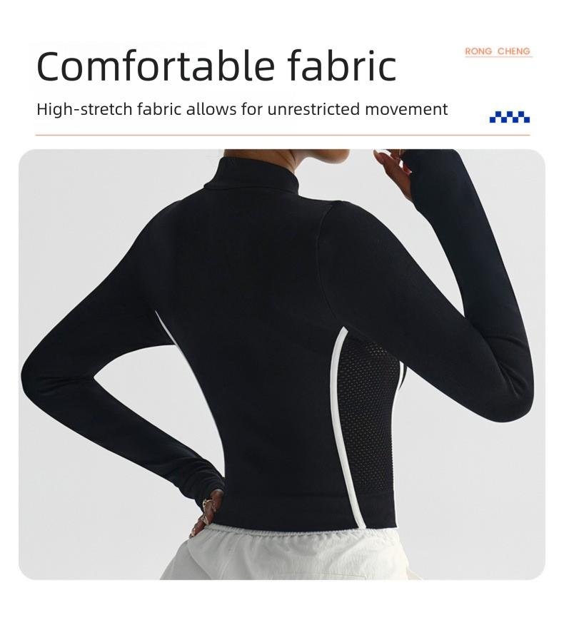 Chaqueta de manga larga con cremallera y cuello alto para mujer, estilo transfronterizo, ideal para otoño e invierno. Ropa de yoga ajustada de secado rápido._voghion.com