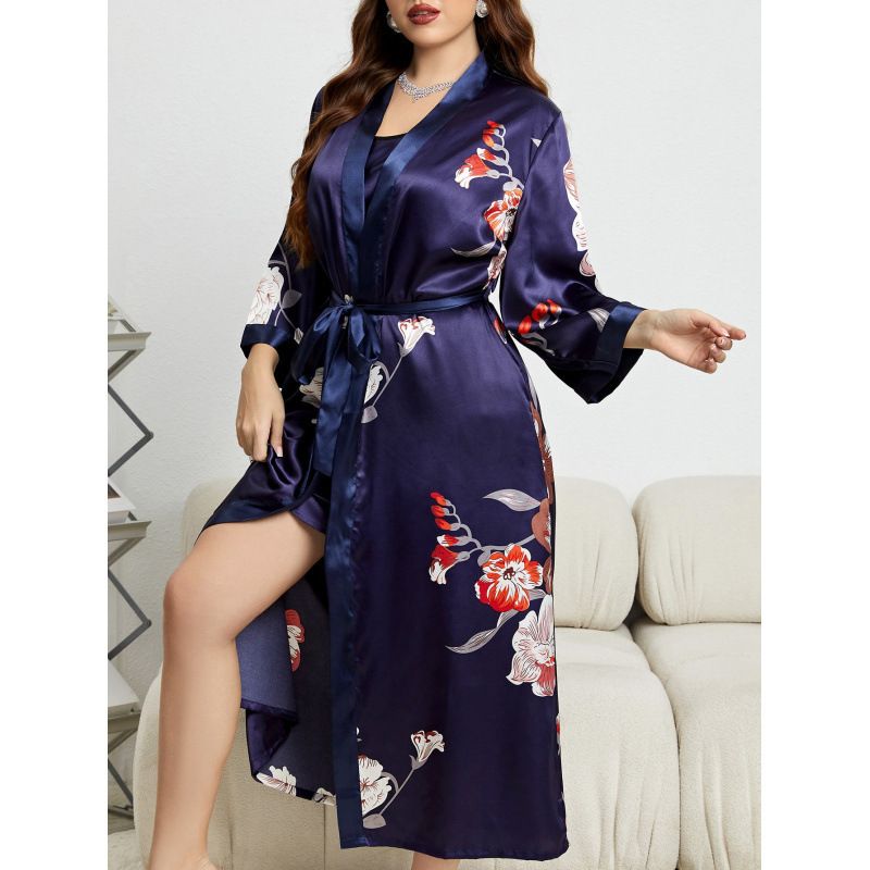 Nachtwäsche-Set in Übergröße – Fließender Pyjama mit V-Ausschnitt und langen Ärmeln, Animalprint und Spitzenbesatz (XL–5XL, Rot/Pink/Leopard/Blau/Schwarz)_voghion.com
