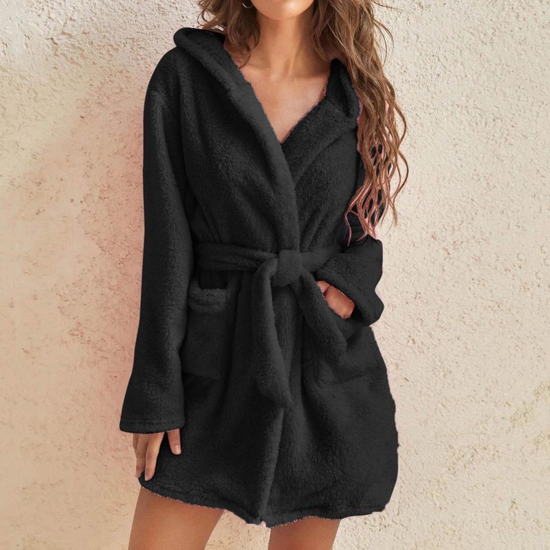 Pluche badjas met capuchon voor dames - effen kleur, warme pyjama voor herfst en winter_voghion.com