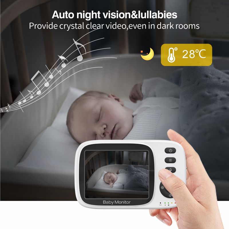Monitor de bebé con video inalámbrico BabyStar de 3,2 pulgadas con canciones de cuna, visión nocturna automática, intercomunicador bidireccional, monitoreo de temperatura_voghion.com