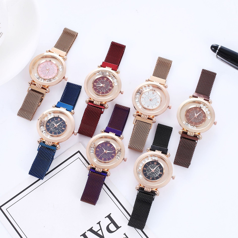 Cost performance full diamond ball quicksand women's mesh quartz ultra-thin Roman digital magnet watch_voghion.com