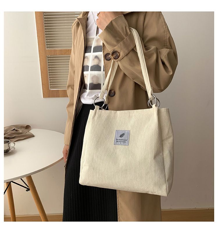 Canvas Bag Women's One-shoulder Korean-style ins Vintage Simple Artistic Corduroy Laid-back Style Large Capacity Portable Shopping Bag_voghion.com