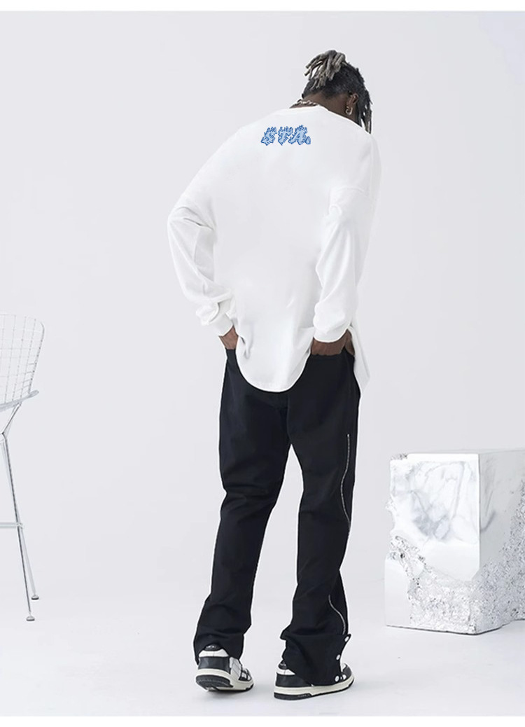 Herrenbekleidung Hipster Flame Letters Langarm T-Shirt Herren Retro High Street schwere Baumwolle Paar Top_voghion.com