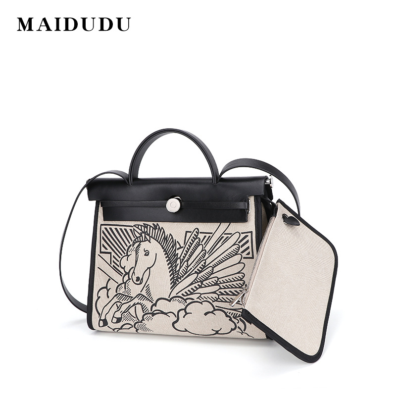 Maidudu Women's 2021 Novo Pentium Pegasus Couro Genuíno Com Lona Grande Capacidade Kelly Bolsa de Ombro Portátil_voghion.com