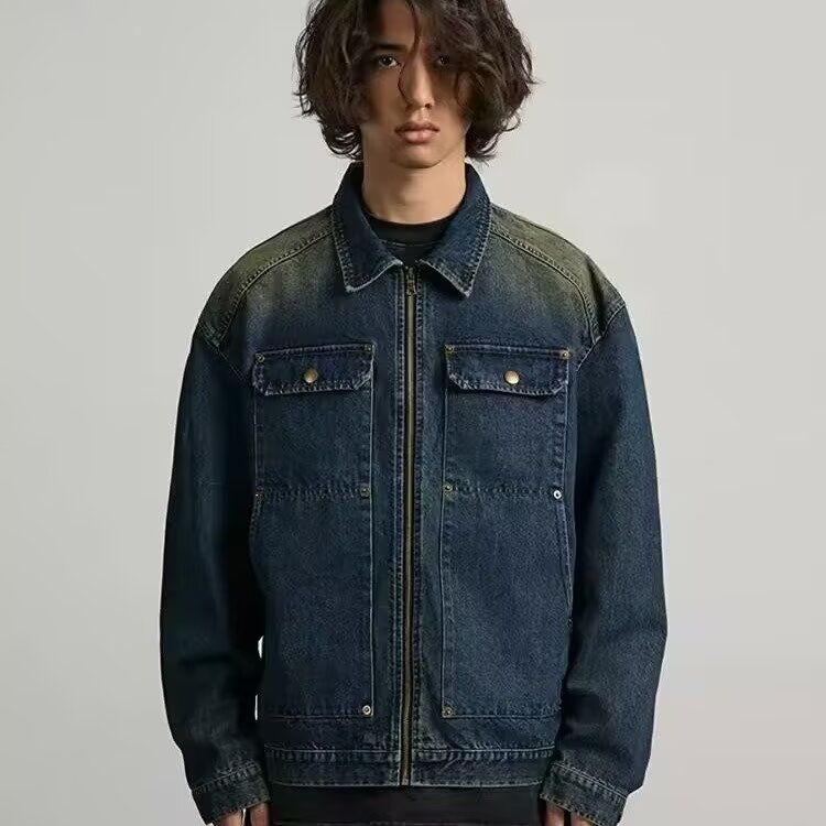 Giacca casual da uomo in denim con cerniera, ampia tasca e colletto rovesciato, tinta unita, primavera e autunno 2025_voghion.com