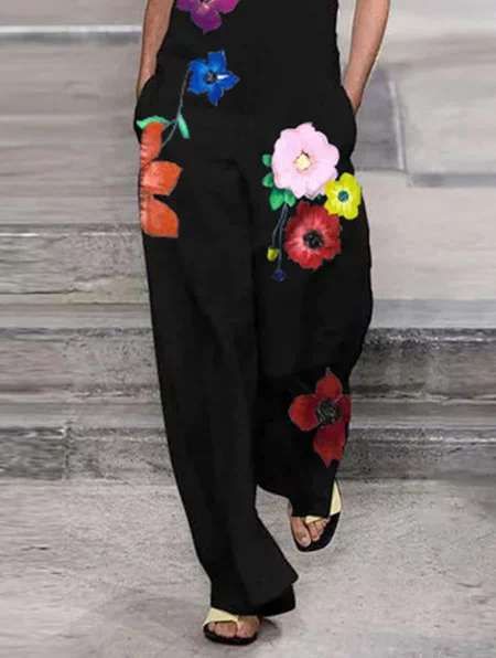 Women's Shoulder Straps Embroidered Pocket Cotton and Linen Jumpsuit _voghion.com