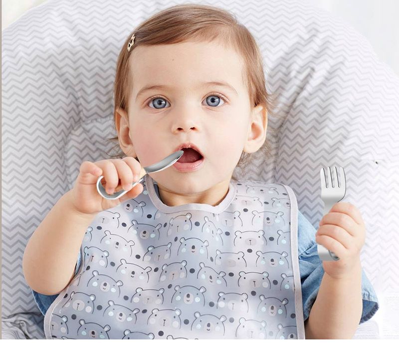 Mother & Kids 304 Stainless Steel Portable Children's Tableware Set Toddler Spoon And Fork With Storage Box Curved Handle Baby Training Spoon_voghion.com