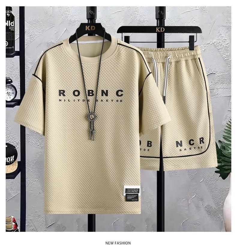 Ropa de hombre, traje de seda de hielo de verano, camiseta holgada de manga corta, pantalones cortos, conjunto deportivo fino y transpirable de gofres a la moda_voghion.com