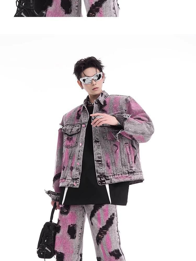 Men's Clothing Ripped Denim Jacket Graffiti Washed Old Denim Suit_voghion.com