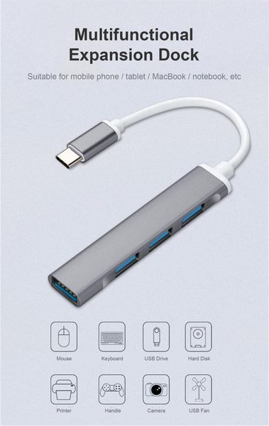 Hub d'extension de type C, station d'accueil, répartiteur USB C un à quatre pour ordinateur, USB 3.0_voghion.com