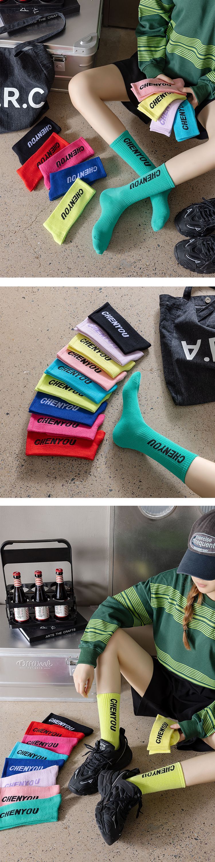 Calzini lunghi unisex Surge Dopamine con lettere, versatili, stile college, verde fluorescente, alla moda, a metà polpaccio_voghion.com