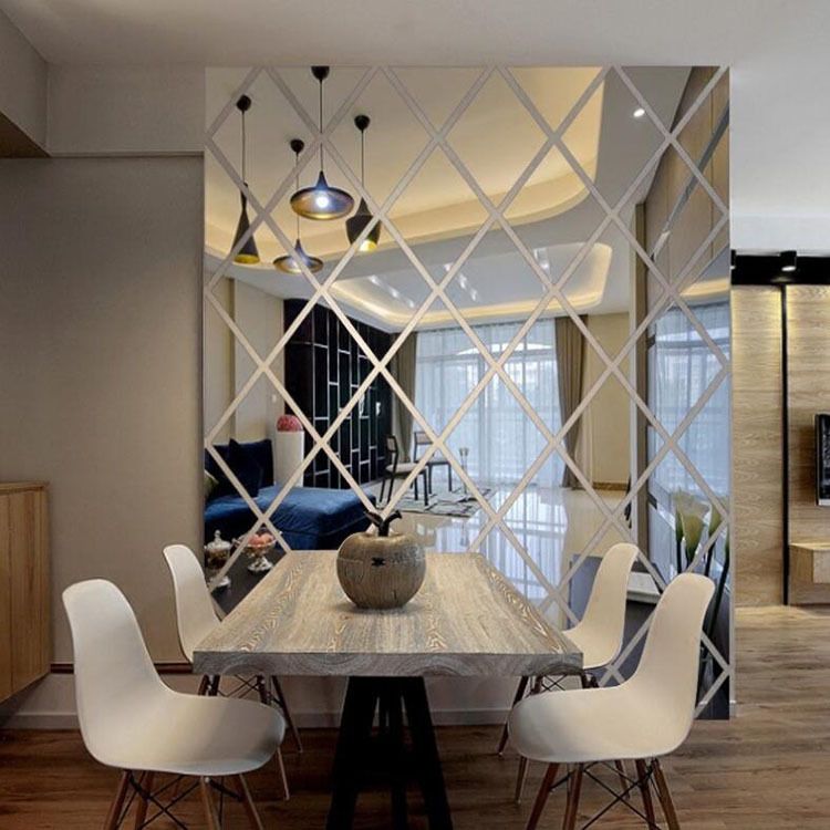 Adesivo de parede decorativo de espelho acrílico com emenda de diamante para hall de entrada TV sofá fundo de parede lente_voghion.com