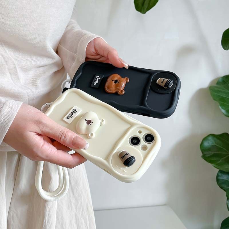 Custodia antiurto con cinturino da polso Fashion Coffee Bear per iPhone 16 15 Pro Max 14 Plus 13 12 11 Pro Max Custodia morbida per iPhone 14 Pro Max_voghion.com