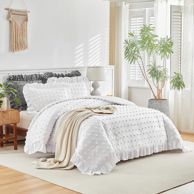 Set copripiumino matrimoniale traspirante con volant e ricami a pois bianchi, set di biancheria da letto per tutte le stagioni, 3 pezzi, in alternativa al piumino._voghion.com