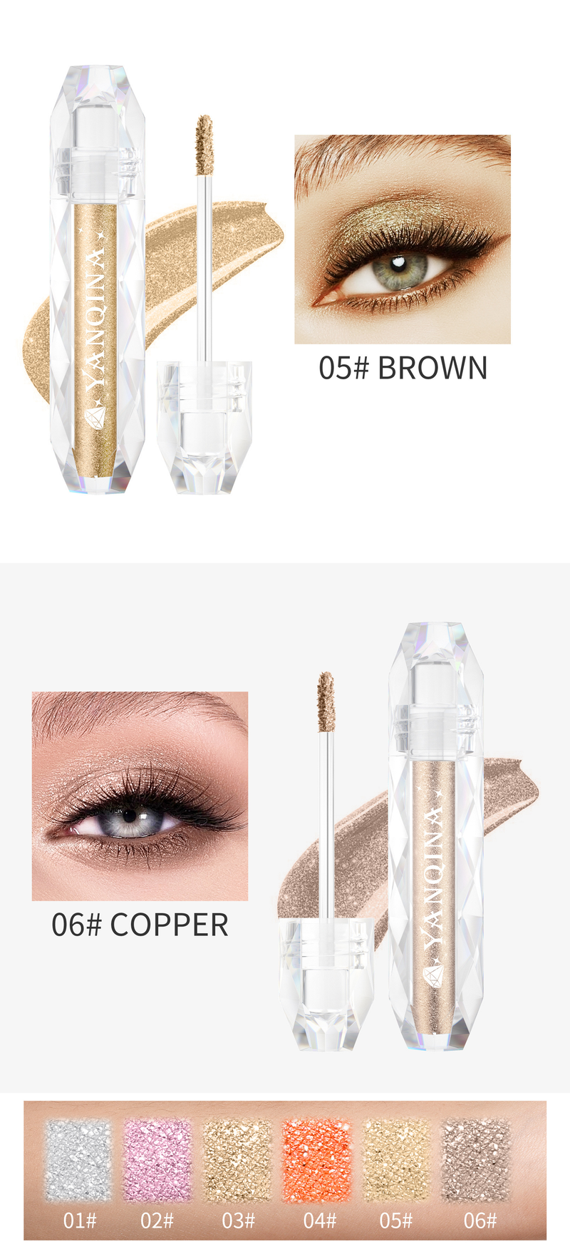 6st flytande glitter ögonskuggsset, metallisk glitterskimmer Naked Smokey Eye ser långvarig ut snabbtorkande gnistrande ögonskuggsminksatser_voghion.com