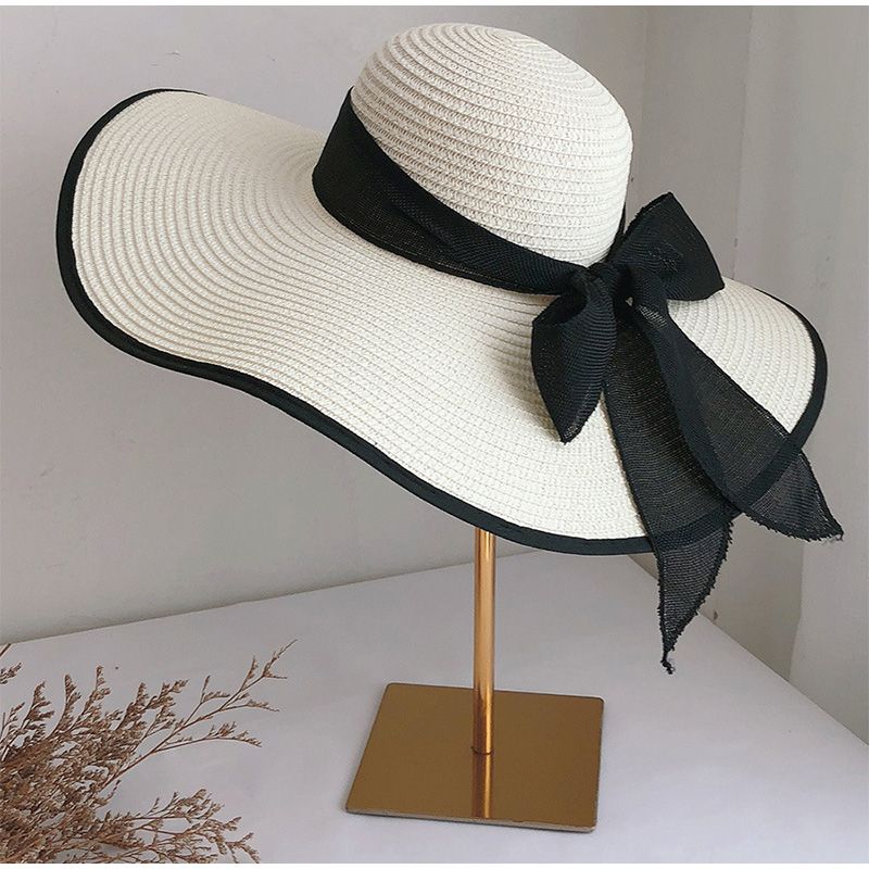 Sombrero de paja de verano de moda para mujer, sombrero de Panamá de ala ancha con lazo, sombrero plegable para exteriores para playa y sol_voghion.com