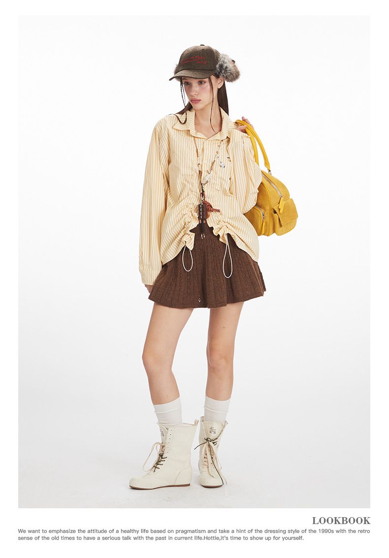 Ropa de mujer Camisa de rayas con volantes para mujer - Blusa extragrande de manga larga con botones_voghion.com