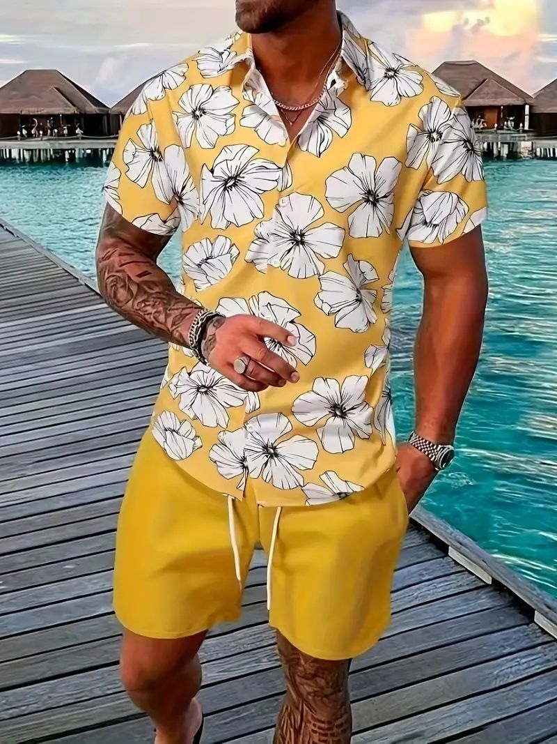 Set di camicie da uomo con stampa 3D di piante tropicali estive, moda, camicia a maniche corte, pantaloncini da spiaggia casual oversize, abiti da strada_voghion.com