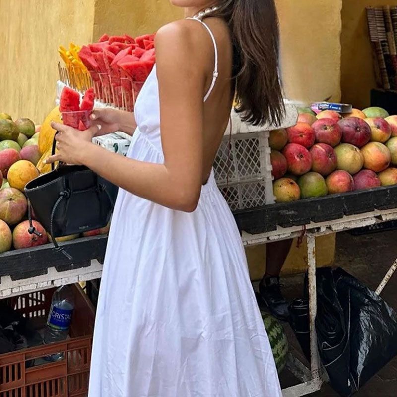 Robe trapèze sexy dos nu sans manches, couleur unie, col en V, jupe à bretelles_voghion.com