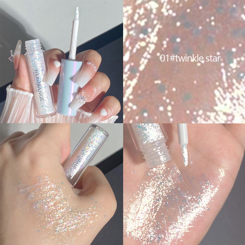 Flüssiger Glitzer-Highlighter-Lidschatten, wasserfest, perlmuttartig, glänzender Lidschatten, Eyeliner, Pailletten, liegender Silkwo-Liner_voghion.com