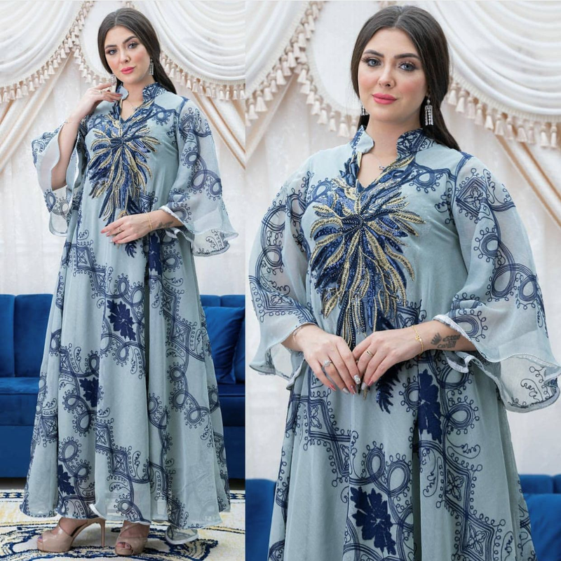 Női ruha, abaya, muszlim etnikai stílusú, gyöngyös, virágos, nagy szoknyájú estélyi ruha_voghion.com