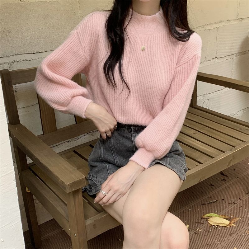 Pull tricoté abricot d'automne pour femme, col rond, manches lanternes, base épaisse, haut ajusté_voghion.com