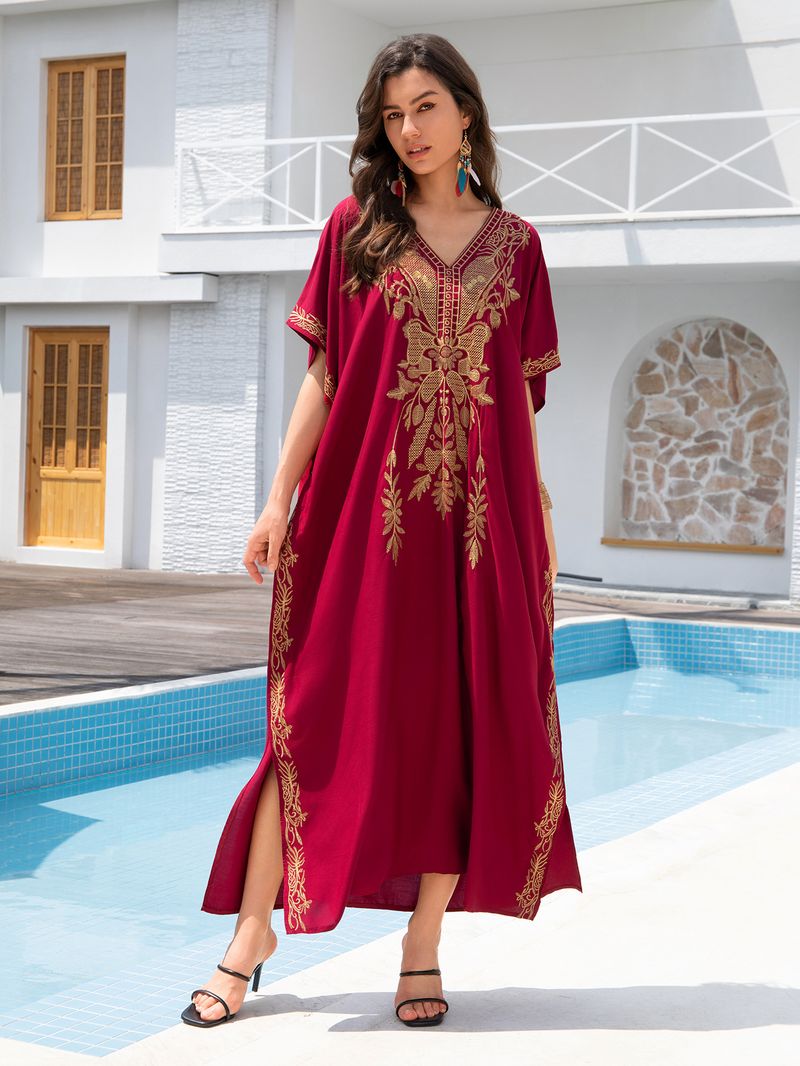 Copricostume da spiaggia da donna, in cotone, con ricami dorati, per le feste_voghion.com