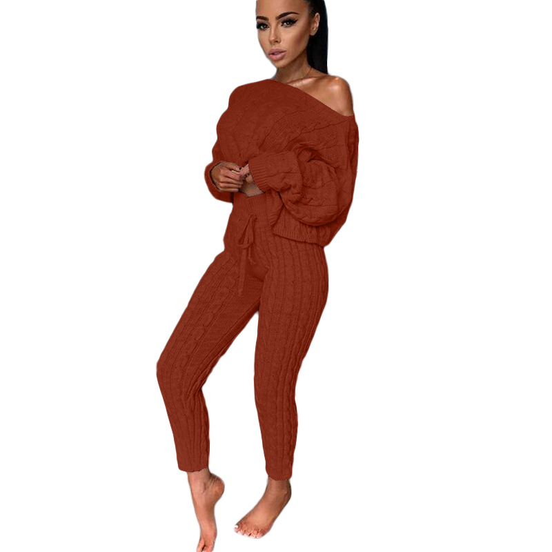 Women's fashion set crew-neck wool-knitted trousers long-sleeved set sweater_voghion.com