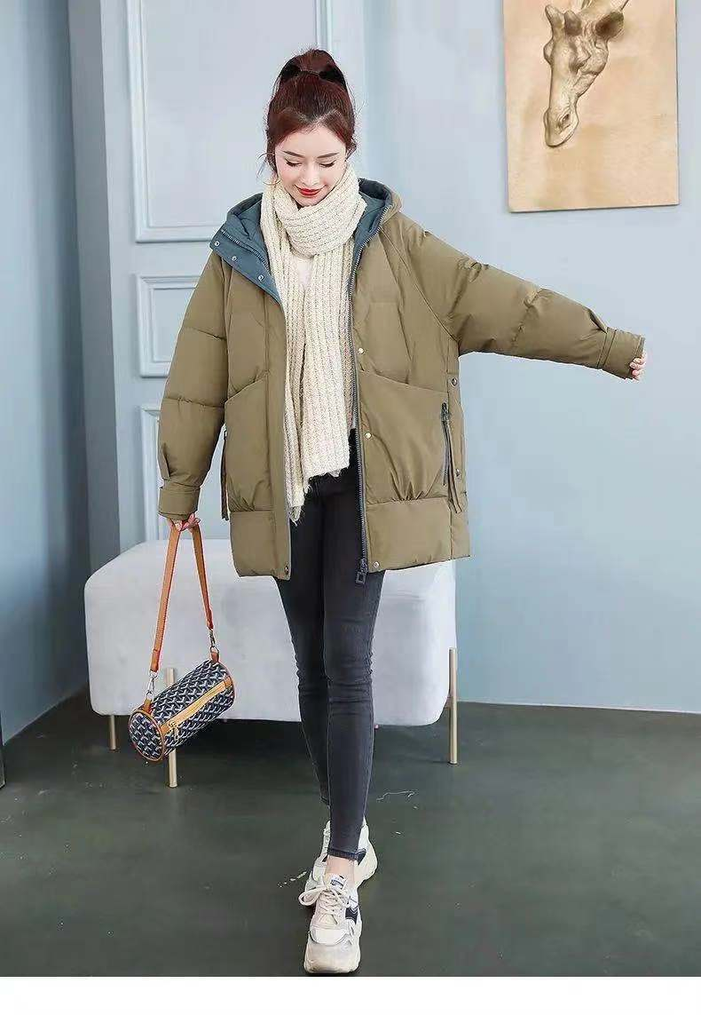 Mit Baumwolle gepolsterte mittellange koreanische Version der Parker-Studentenbrot-Daunenjacke für Damen, locker und trendig hoch_voghion.com