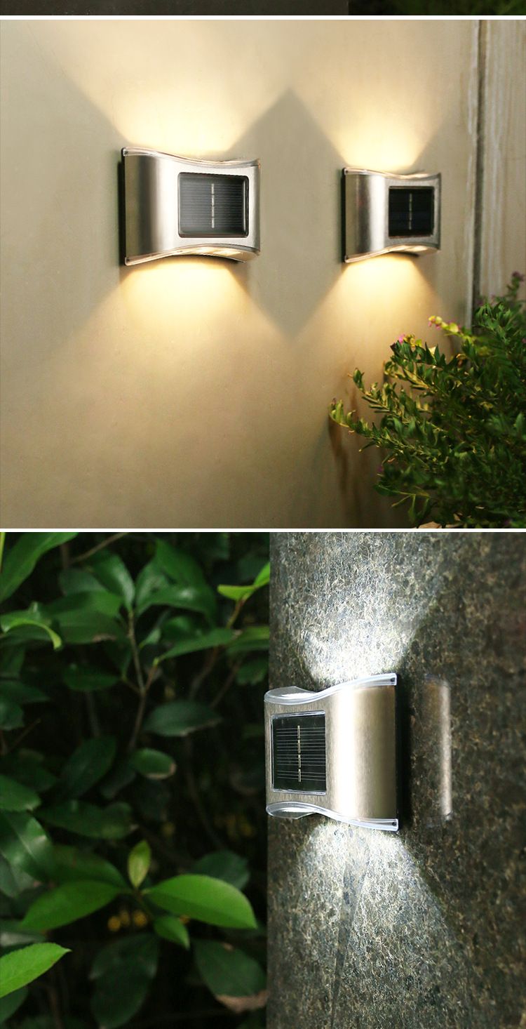 Luminária de parede LED solar, luzes de jardim externas à prova d'água com iluminação para cima e para baixo, branco quente/mudança de cor, aço inoxidável_voghion.com
