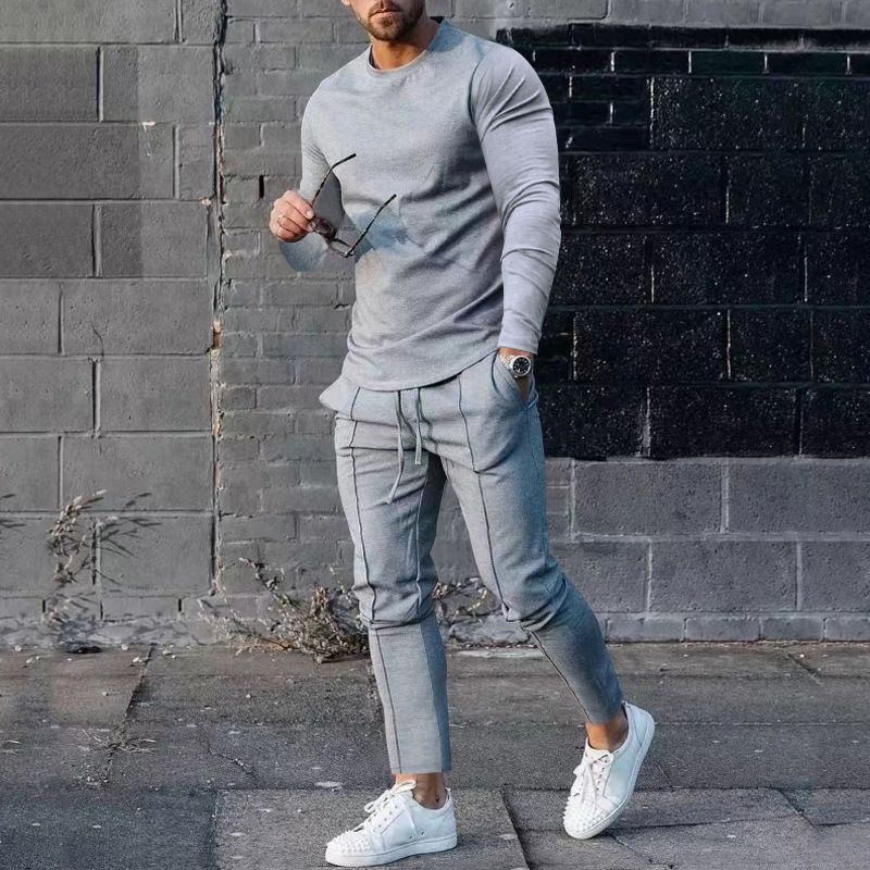 Completo sportivo da uomo casual a due pezzi, completo autunno 2025 con scollo rotondo, maglietta a maniche lunghe e pantaloni_voghion.com