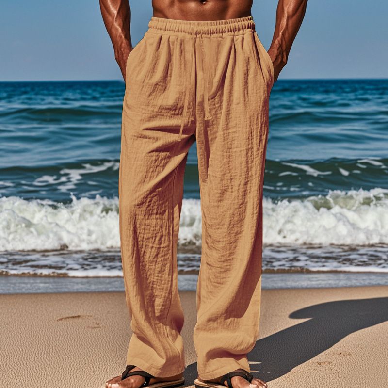 Neue Herrenhose aus Baumwolle und Leinen in Übergröße mit lockerer, einfarbiger, lässiger Schnürhose_voghion.com