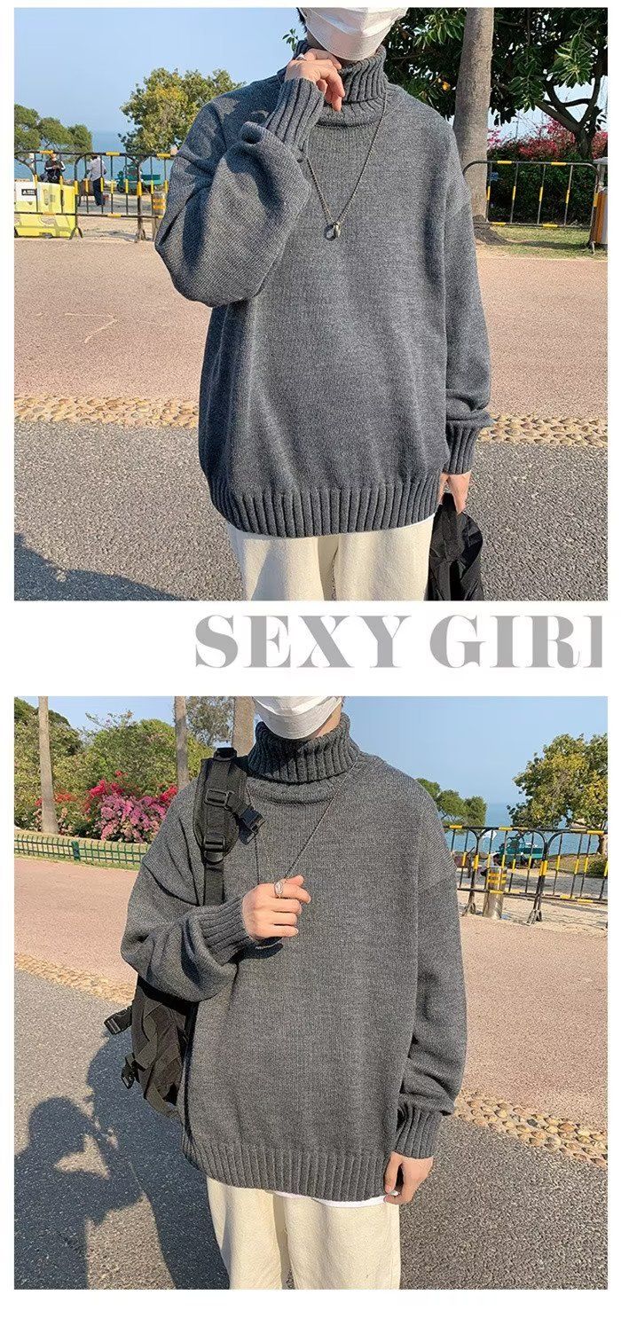 Men's Clothing Turtleneck Sweater Men's Spring and Autumn Large Size Style Solid Color Retro Loose Knitted Sweater Jacket Wool_voghion.com