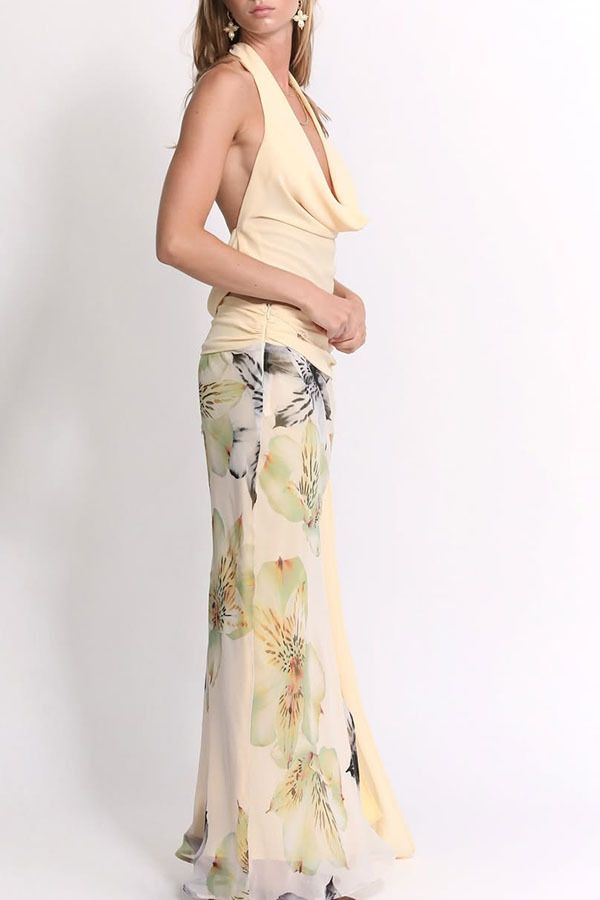 Kadın Giyim Seksi Sırtı Açık Halter Yaka Üst Slim Fit Baskılı Uzun Etek İki Parçalı Takım Elbise_voghion.com