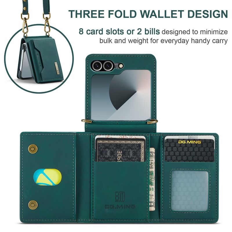 Custodia pieghevole M2 per Samsung Z Flip6 Custodia per telefono con portafoglio per carte Custodia protettiva in pelle con tracolla Z Flip6_voghion.com