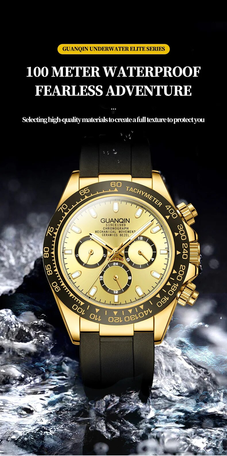GUANQIN Men's Luxury Watch 100M Water Resistant Sapphire Crystal Luminous Automatic Mechanical Steel Wristwatch With Rubber Band_voghion.com
