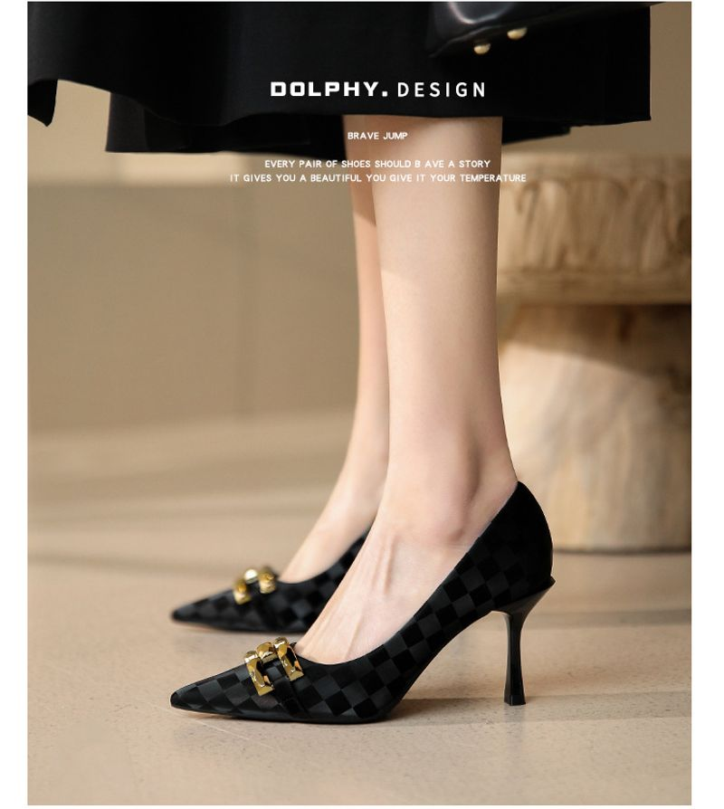 p9Französische hohe Stilettos für Damen 2023 neuer Stil gut passende spitze Zehenpartie flacher Mund Temperament Schachbrett_voghion.com
