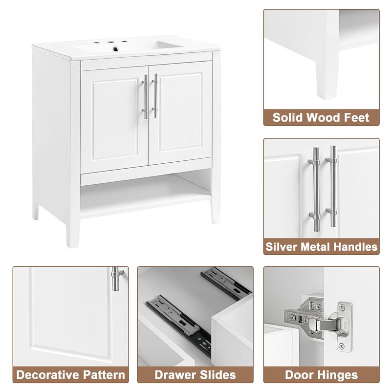 30" Bathroom Vanity With Sink, Multi-functional Bathroom Cabinet With Doors And Drawers, Solid Frame And MDF Board, White_voghion.com