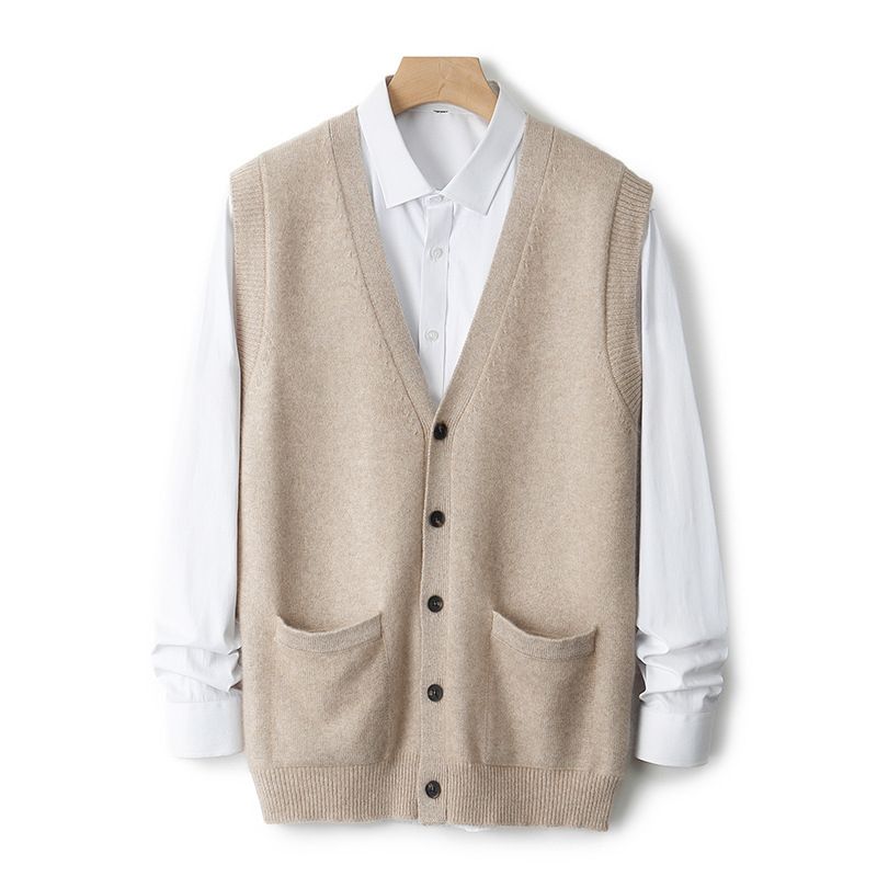 Vroege herfst Nieuwe heren 100% zuiver wollen mouwloze vest met zak, gebreide losse basislaag_voghion.com