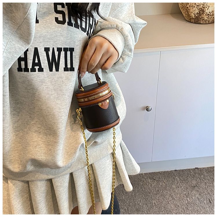 Borsa a secchiello da donna, mini borsa a secchiello rotonda con contrasto di colore, stile per famiglie, da portare a mano, piccola borsa a tracolla color rossetto, da donna_voghion.com