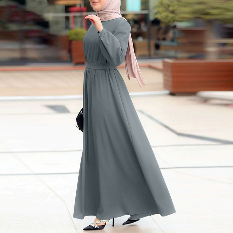 Damska długa sukienka z długim rękawem w jednolitym kolorze muzułmańska szata maxi Elegancka islamska odzież Szata kobieca turecka sukienka_voghion.com