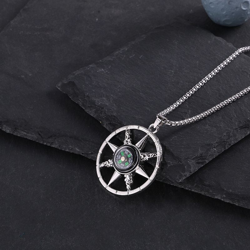 Compass Pendant Titanium Steel Necklace Men Ins Cool Style Hip-hop Personality Long Hoodie Chain Simple Temperament_voghion.com