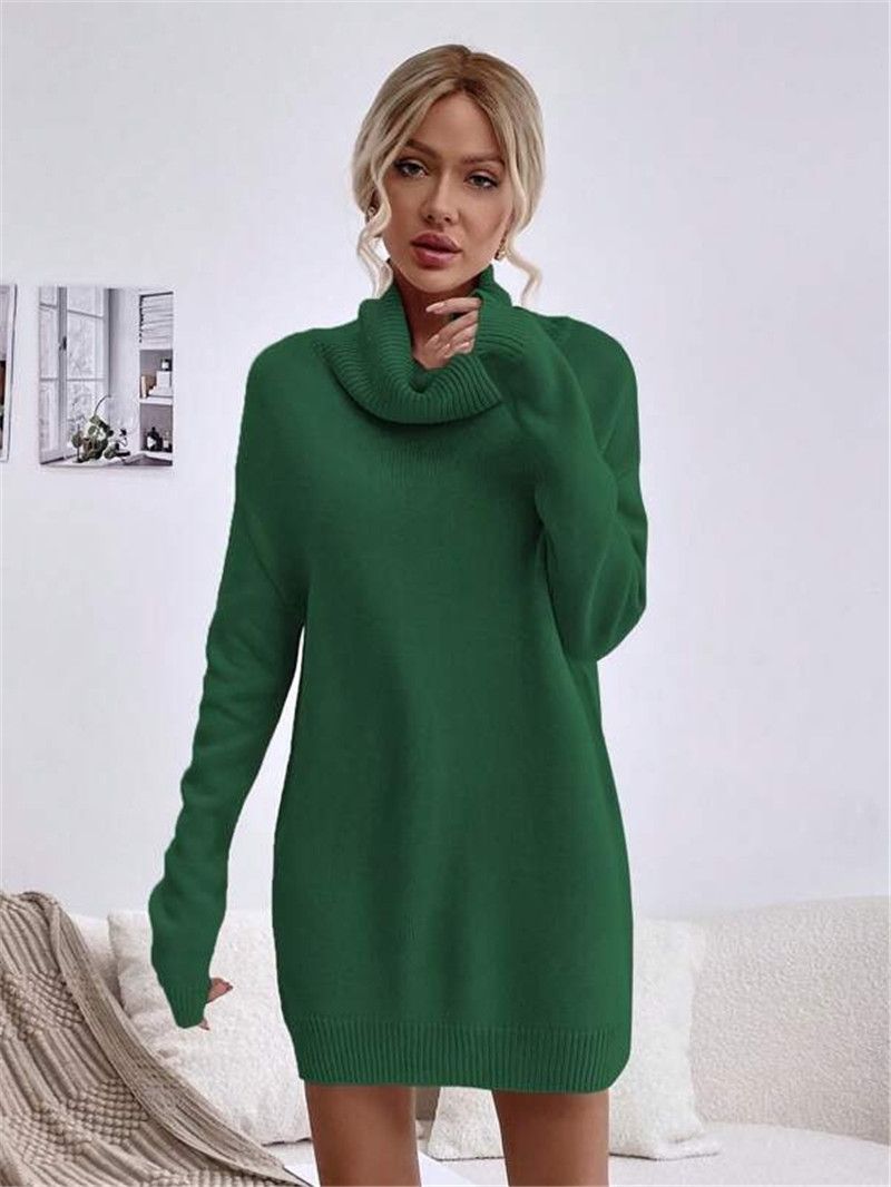 Damenbekleidung Herbst und Winter Neues einfarbiges, lockeres Strickpulloverkleid mit hohem Kragen_voghion.com