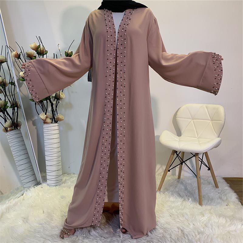 Neueste muslimische Abayas für Frauen islamische Mode Perlen Kimono Robe bescheidenes Kleid lange elegante Strickjacken Kleidung vorne offen Abaya_voghion.com
