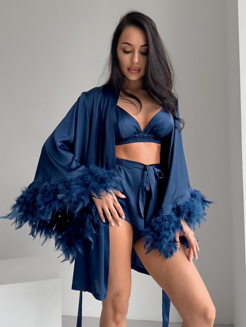 Women's Sleepwears New Underwear Shorts Nightgown Three Piece Set Silk Home Clothes Spring Satin Feather Pajamas_voghion.com