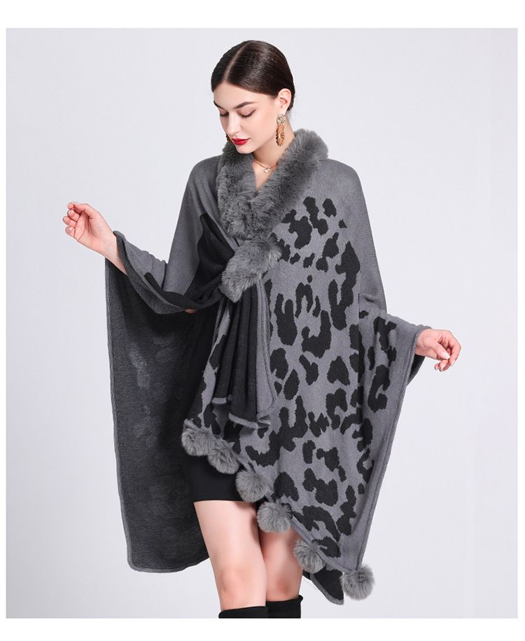 Mantella con collo di pelliccia, mantello con palla di pelliccia, mantello jacquard in maglia larga, cappotto di grandi dimensioni_voghion.com