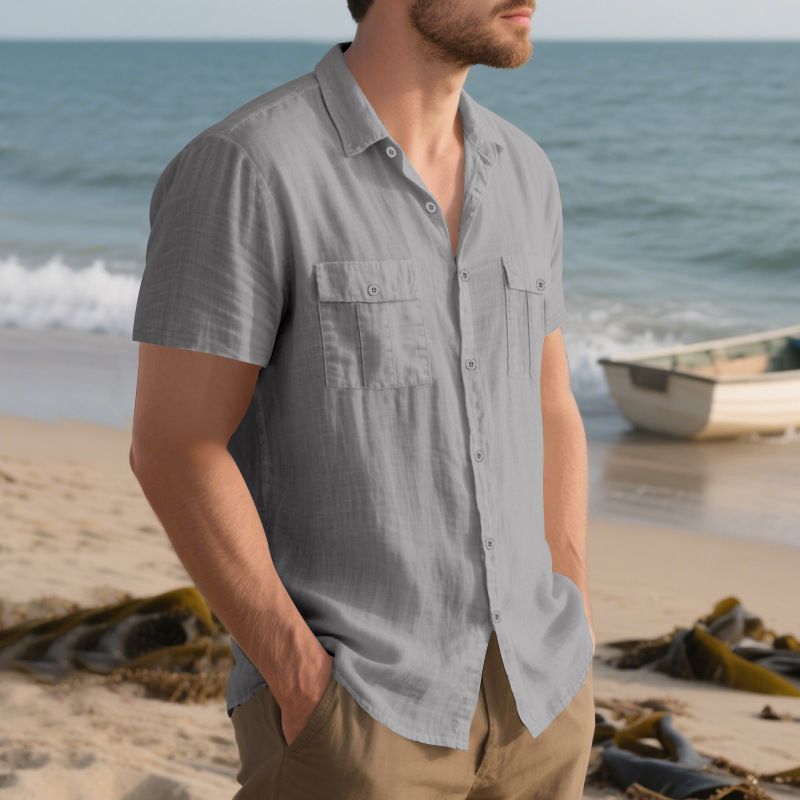 Herren Sommerhemd, amerikanisch, locker, Strand, atmungsaktiv, lässig, Leinen, mehrere Taschen, geknöpft, Arbeitskleidung, kurzärmelig_voghion.com